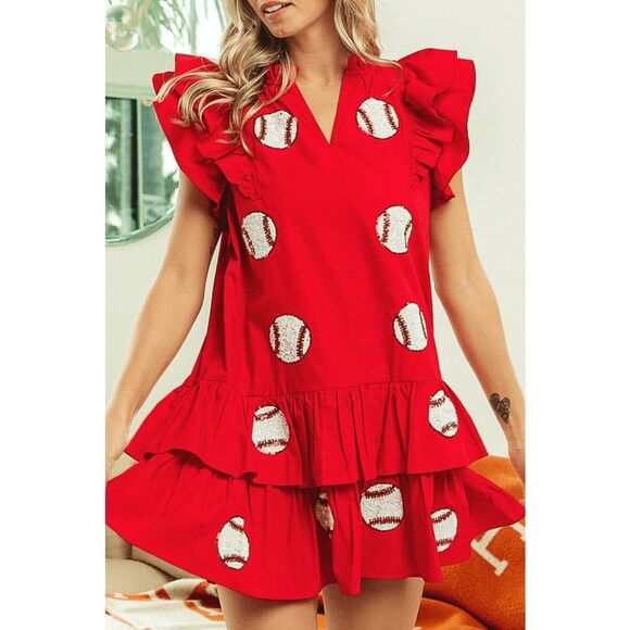 NEW Bibi Womens Small Baseball Game Day Dress Red Ruffle Sleeve Pockets - Picture 3 of 10